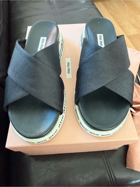 Miu Miu Shoes - Miu Miu Black Crisscross Platform Mules with Branded Sidewall